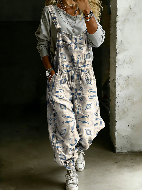 Vintage Ethnic Floral Art Print Casual One Piece Denim Jumpsuit
