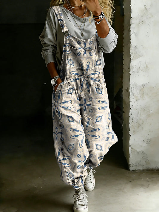 Vintage Ethnic Floral Art Print Casual One Piece Denim Jumpsuit