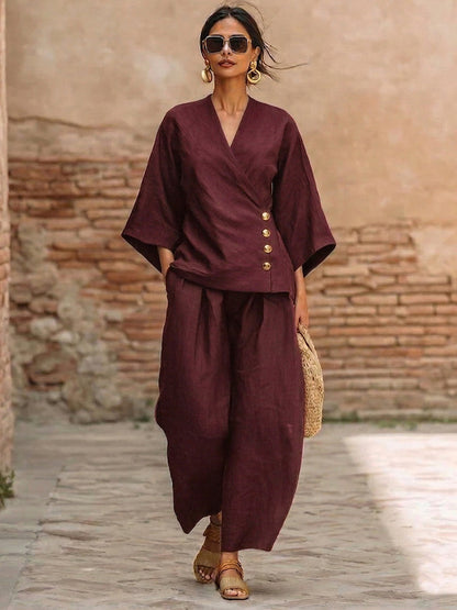 Minimalist and Elegant Metal Buttons Cotton-Linen Two-Piece Set