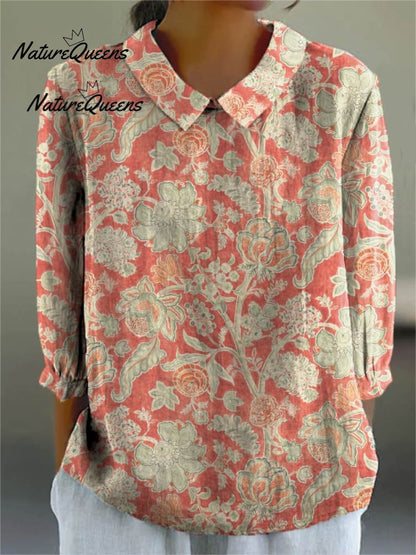 Vintage Lovely Floral Art Printed Cotton and Linen Casual Pants