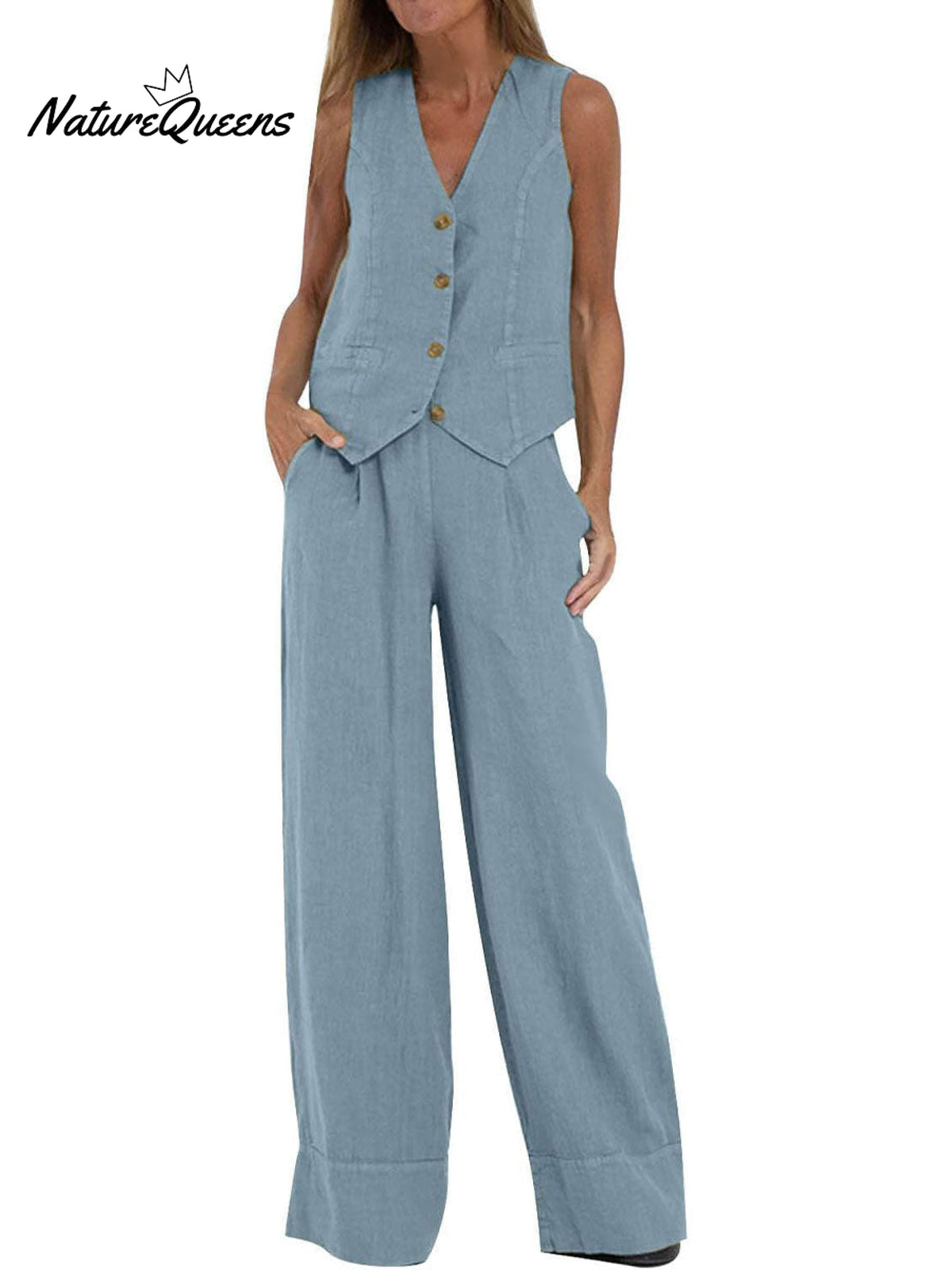 Fashion Solid Color Vest Trousers Collage Stitching Cotton and Linen Casual Suit