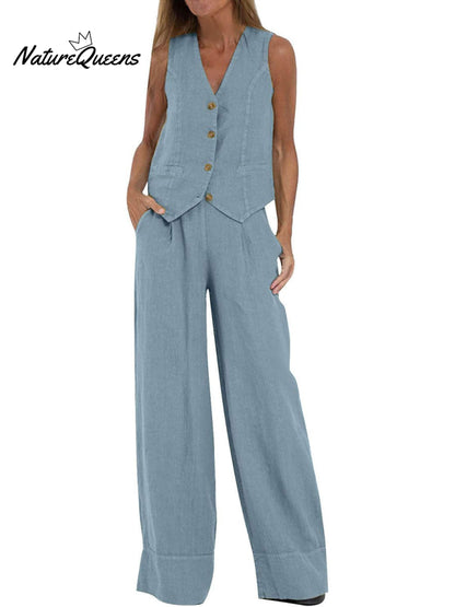 Fashion Solid Color Vest Trousers Collage Stitching Cotton and Linen Casual Suit