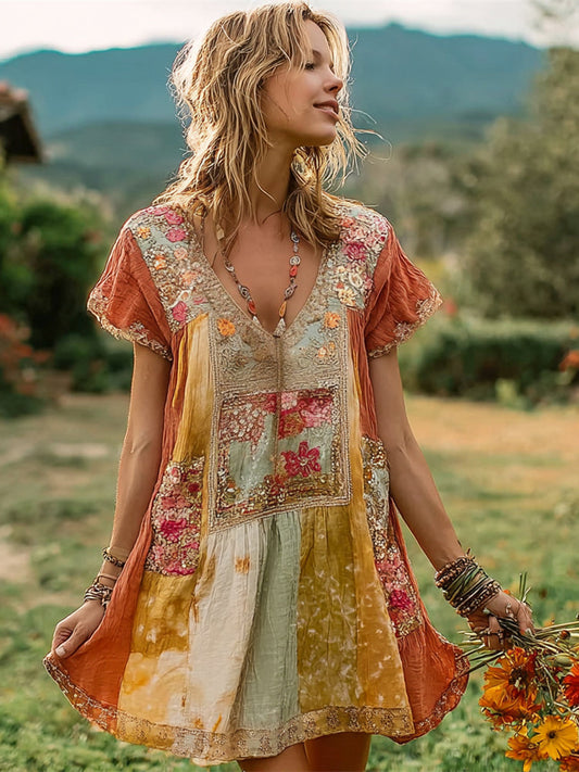 Boho Style Sunset Floral Patchwork Linen Short-Sleeve Mini Dress