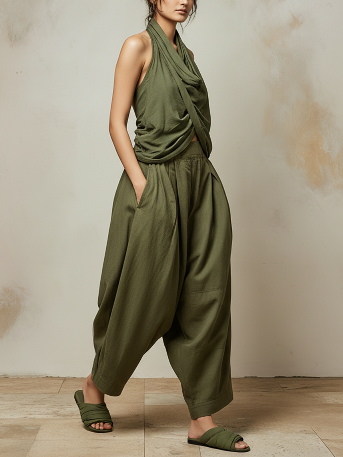 Olive Green Halter Top and Barrel Pants Two-Piece Set