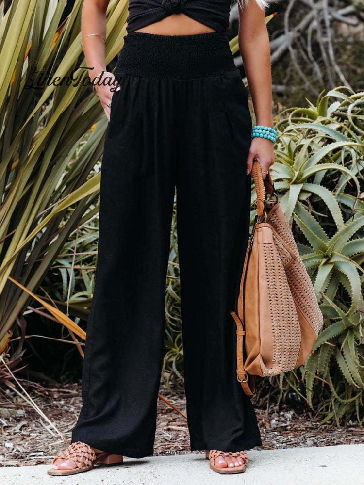 Cotton and Linen Waist-Waisted Wide-Leg Pants