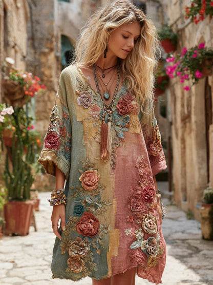 The Ice Cream Collection Classic Bohemian Floral and Rose Gradient Art Linen Long-Sleeve Midi Dress
