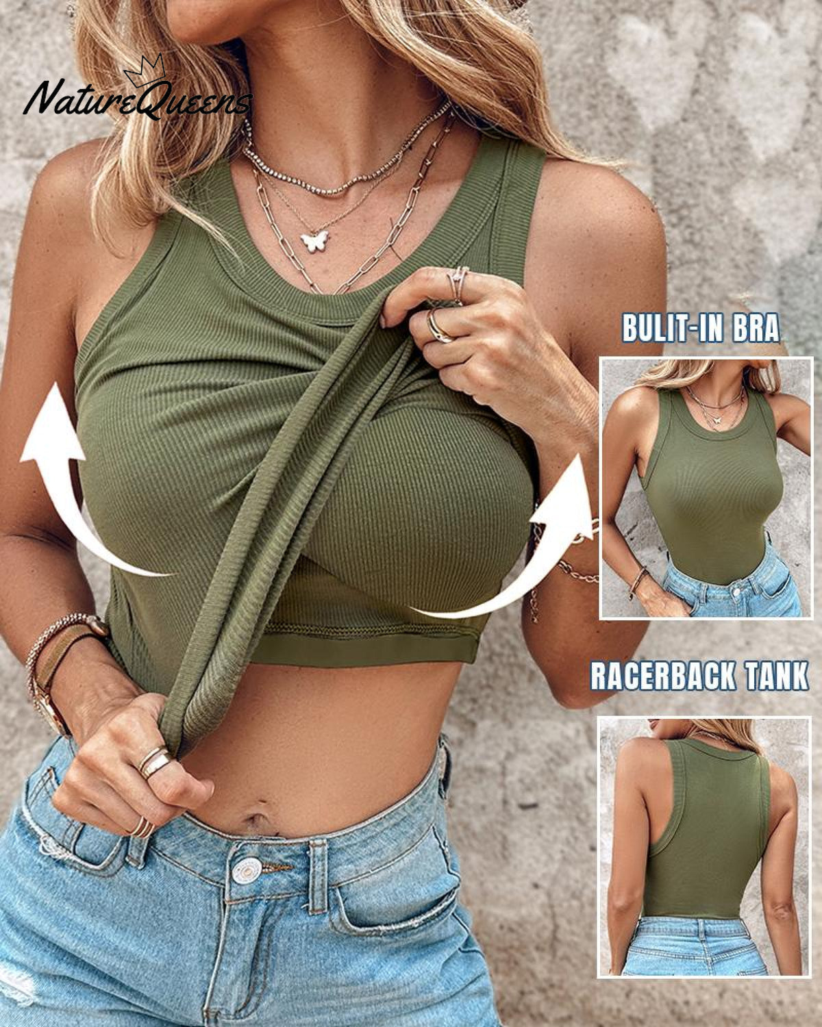Round Neck Ribbed Tank Top with Bra Pads