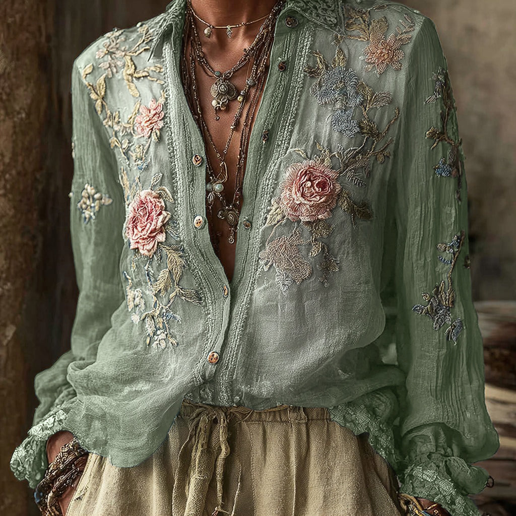 Vintage Bohemian Floral Pattern Linen Long-Sleeve Shirt