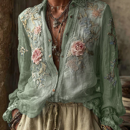 Vintage Bohemian Floral Pattern Linen Long-Sleeve Shirt