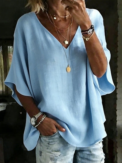 100% Cotton Classic Loose Fit V-Neck Dolman Sleeve T-Shirt