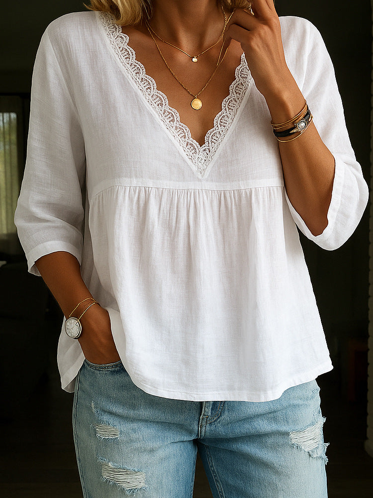 Three-Quarter Sleeve Lace V-Neck Blouse