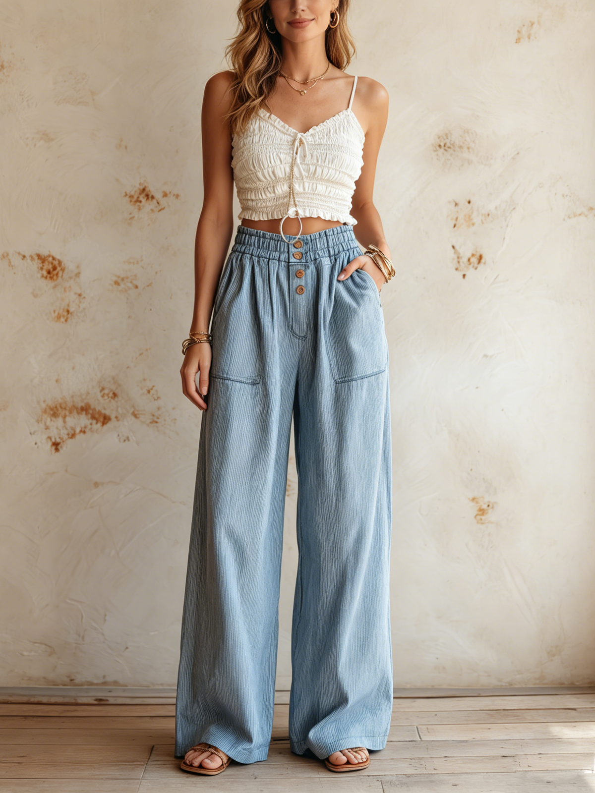 Light Wash Striped Denim High-Waist Wide-Leg Pants with Elastic Waist