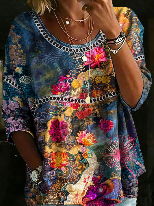 Vintage Flower Casual Loose Denim Blouse Shirt