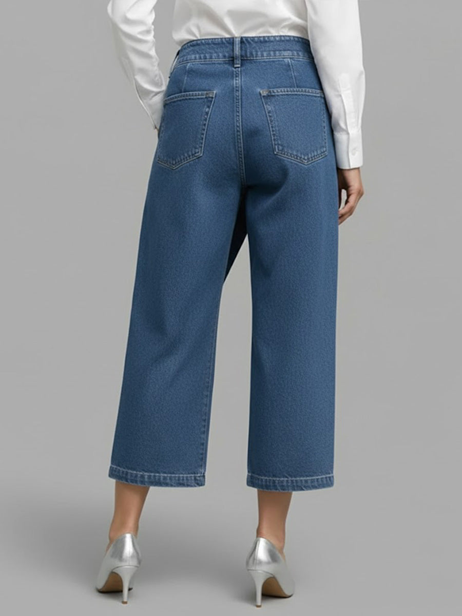 High-Waisted Loose-Fitting Cropped Wide-Leg Jeans