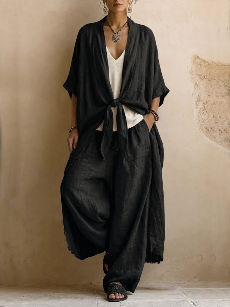 Bohemian-Style Linen and Cotton Two-Piece Set: Long Cardigan and Trousers