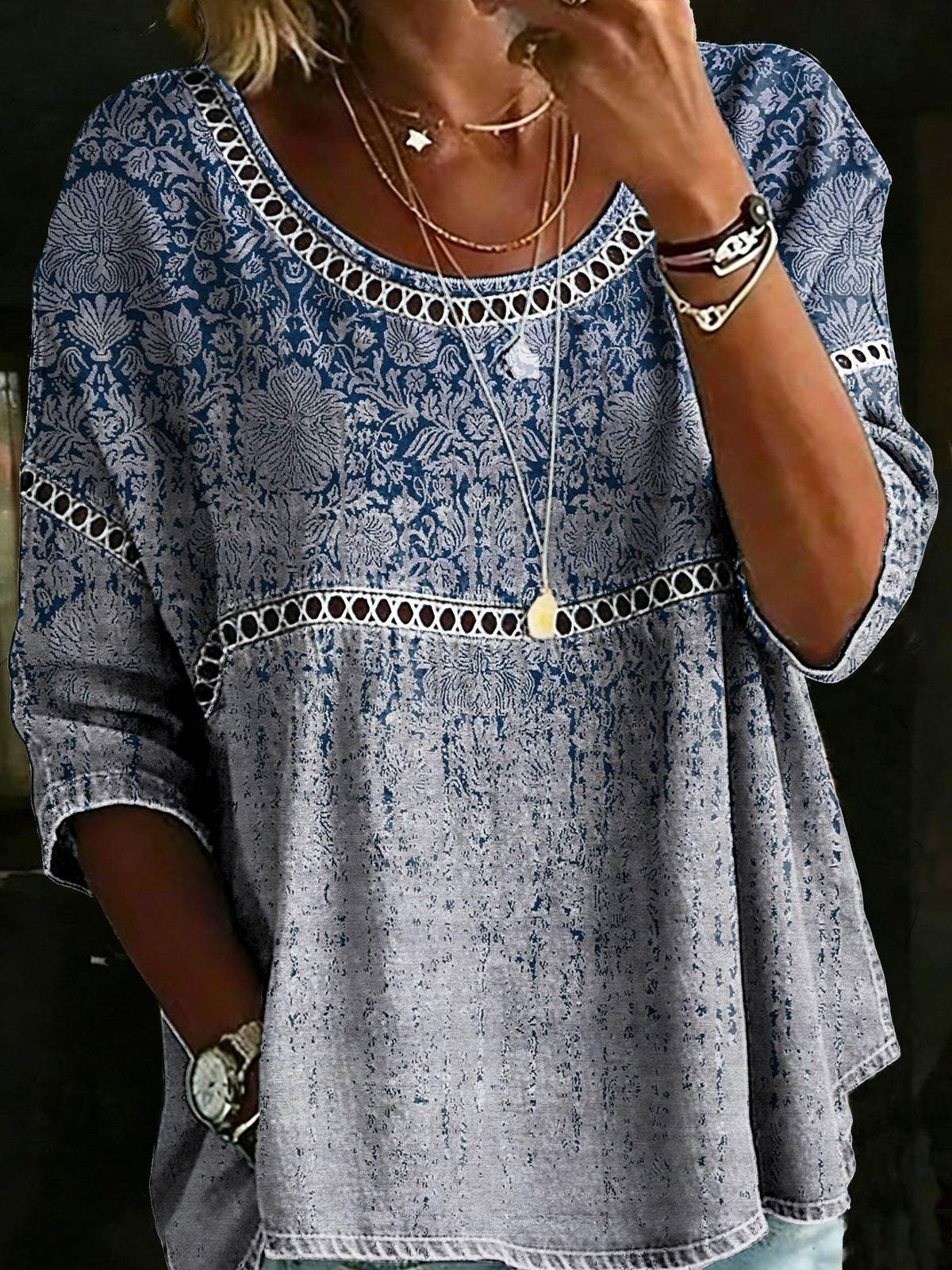 Ethinic Casual Loose Denim Blouse Shirt