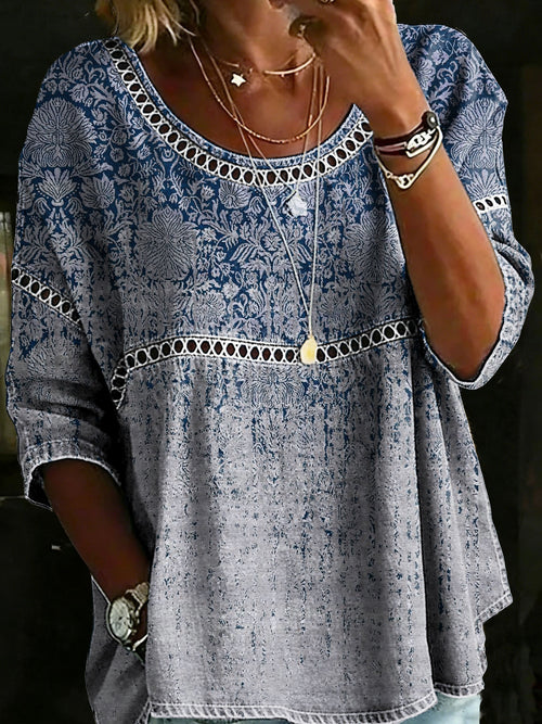 Ethinic Casual Loose Denim Blouse Shirt