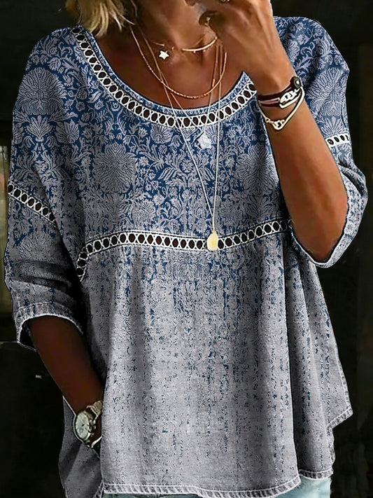 Ethinic Casual Loose Denim Blouse Shirt