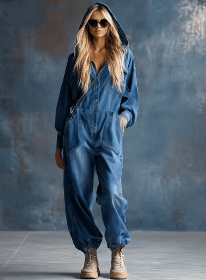 Casual Loose-Fit Hooded Blue Denim Button-Front Long-Sleeved Jumpsuit
