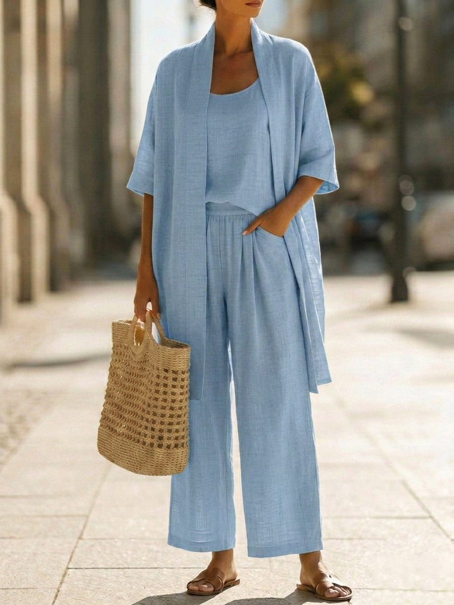 Minimalist Linen-Cotton Three-Piece Set with Comfortable for Everyday Wear