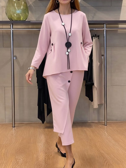 Solid Color Round Neck Long-Sleeve Casual Loose Top and High Waist Casual Loose Wide-Leg Pants Cotton Set