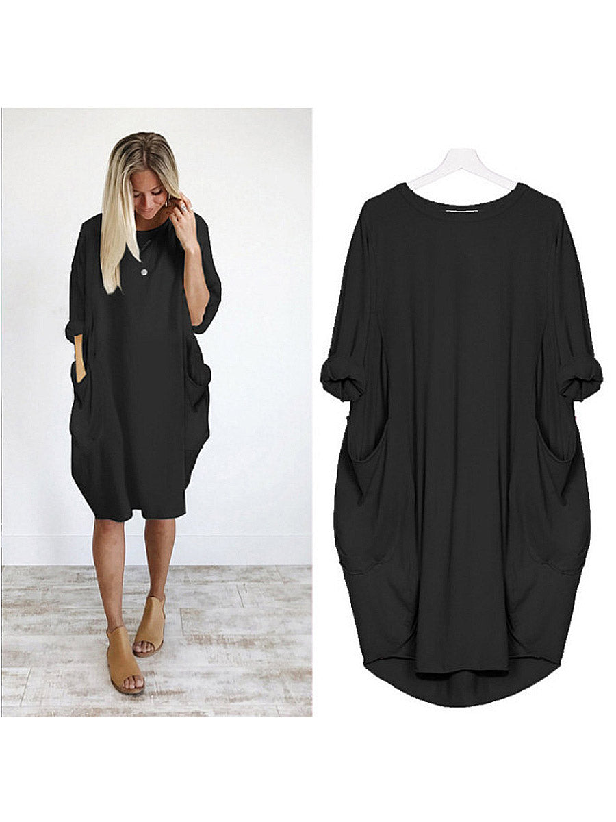 Solid Color Loose Elegant Casual Long-Sleeved Pocket Dress