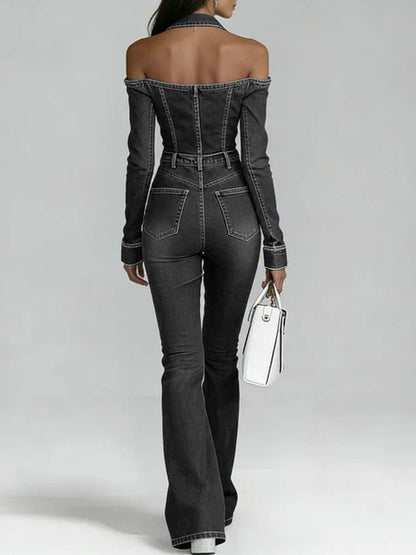 Lapel Long-Sleeved Casual Slim-Fit Denim Jumpsuit