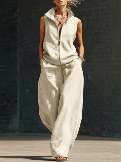 Stylish Stand-Up Collar Zipper Linen Cotton Two-Piece Set