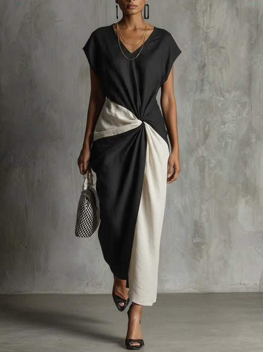 Comfortable V-Neck Colorblock Spliced Dress