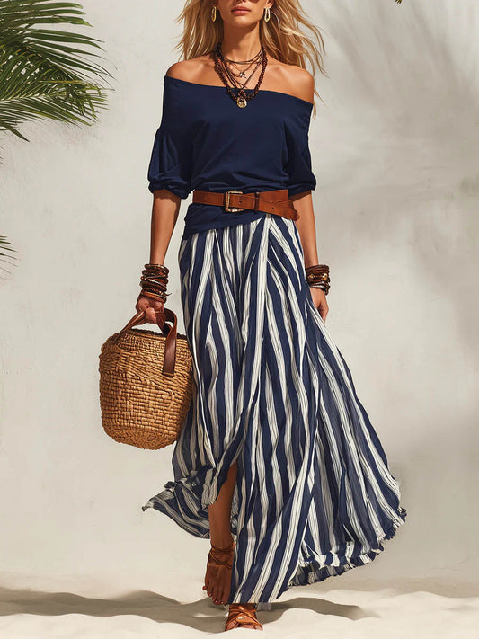 Off-Shoulder 3/4-Sleeve Casual Top and High-Waisted Skirt Cotton Set