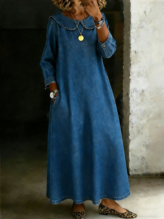 Peter Pan Collar Long-Sleeved Casual Loose Denim Dress