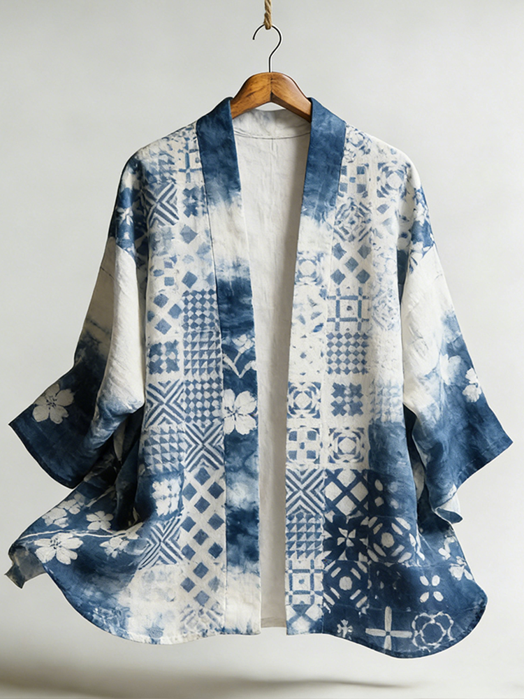 Japanese Art Geometric Pattern Leisure Linen Kimono