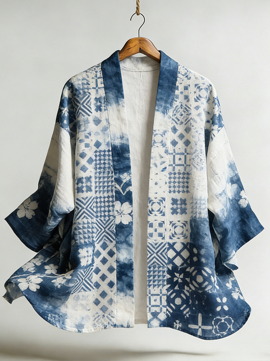 Japanese Art Geometric Pattern Leisure Linen Kimono