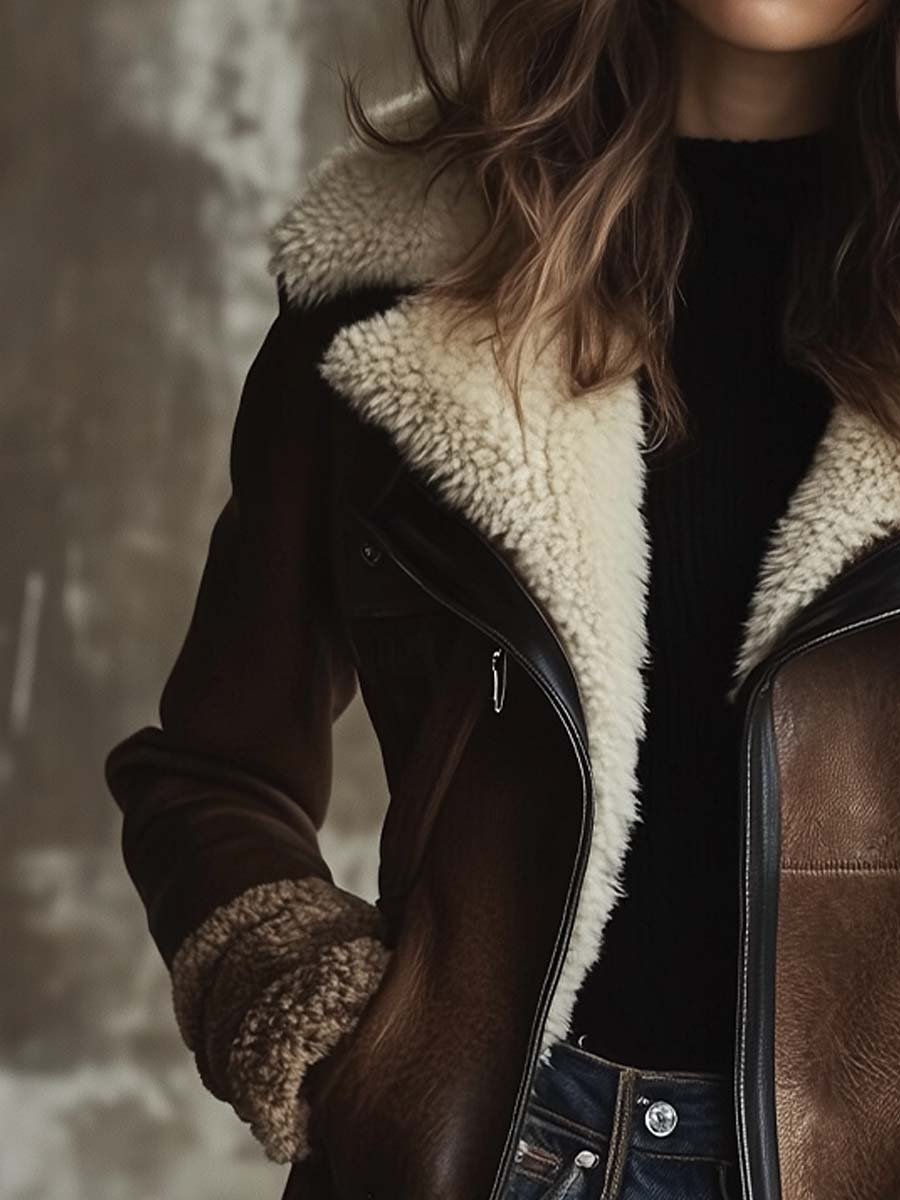 Vintage Contrast Lambskin Collar Faux Leather Coat