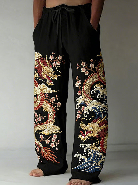 Men's Japanese Dragon and Cherry Blossom Art Comfy Linen Pants