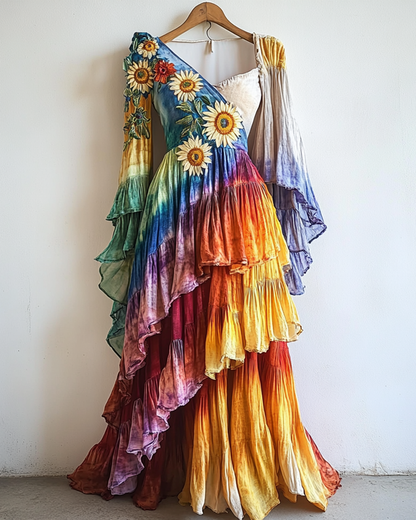 Rainbow Linen Ruffle Daisy Embroidery Irregular Dress 4d6d