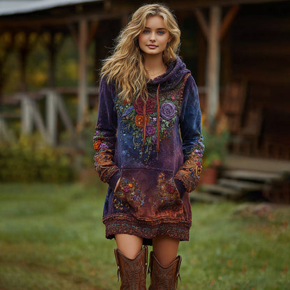 Vintage Lavender and Floral Embroidered Art Gradient Comfort Hooded Dress