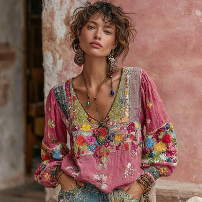 Bohemian Floral Embroidery Art Print V-Neck Long-Sleeve Linen Blend T-Shirt