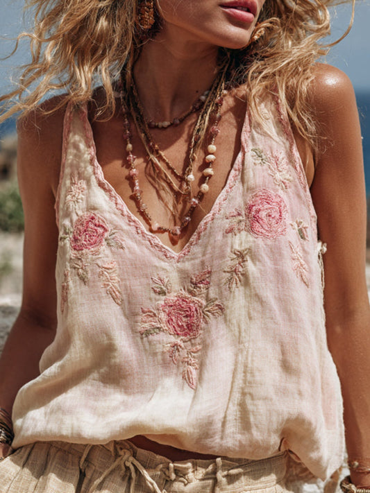 Pink Rose Embroidery V-Neck Tank Top