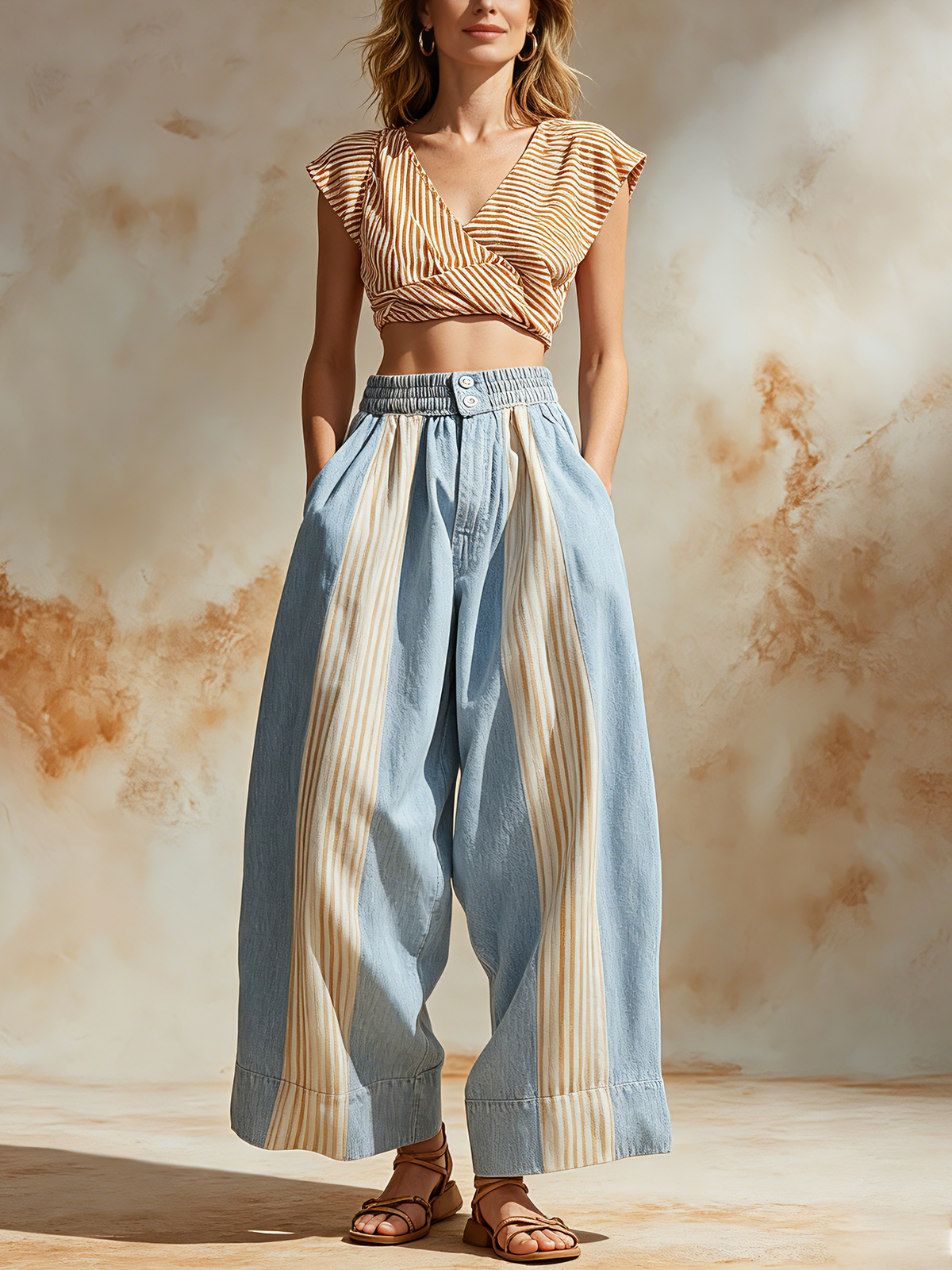 Striped Patchwork Denim Wide-Leg Pants with Pockets