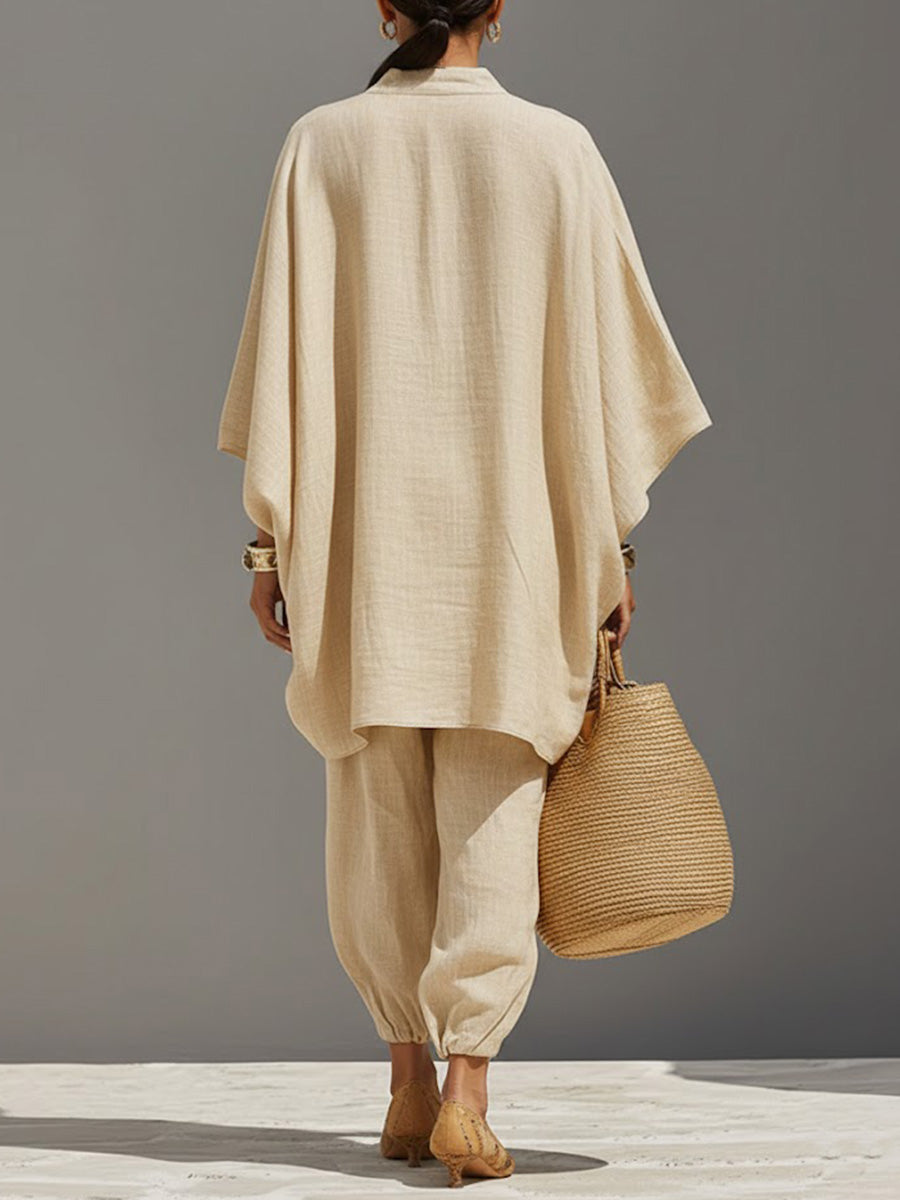 Solid Color V-Neck Long-Sleeve Casual Loose Cotton Linen Top with Elastic Waist and Wide-Leg Pants Set
