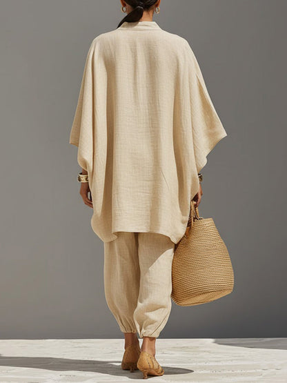 Solid Color V-Neck Long-Sleeve Casual Loose Cotton Linen Top with Elastic Waist and Wide-Leg Pants Set