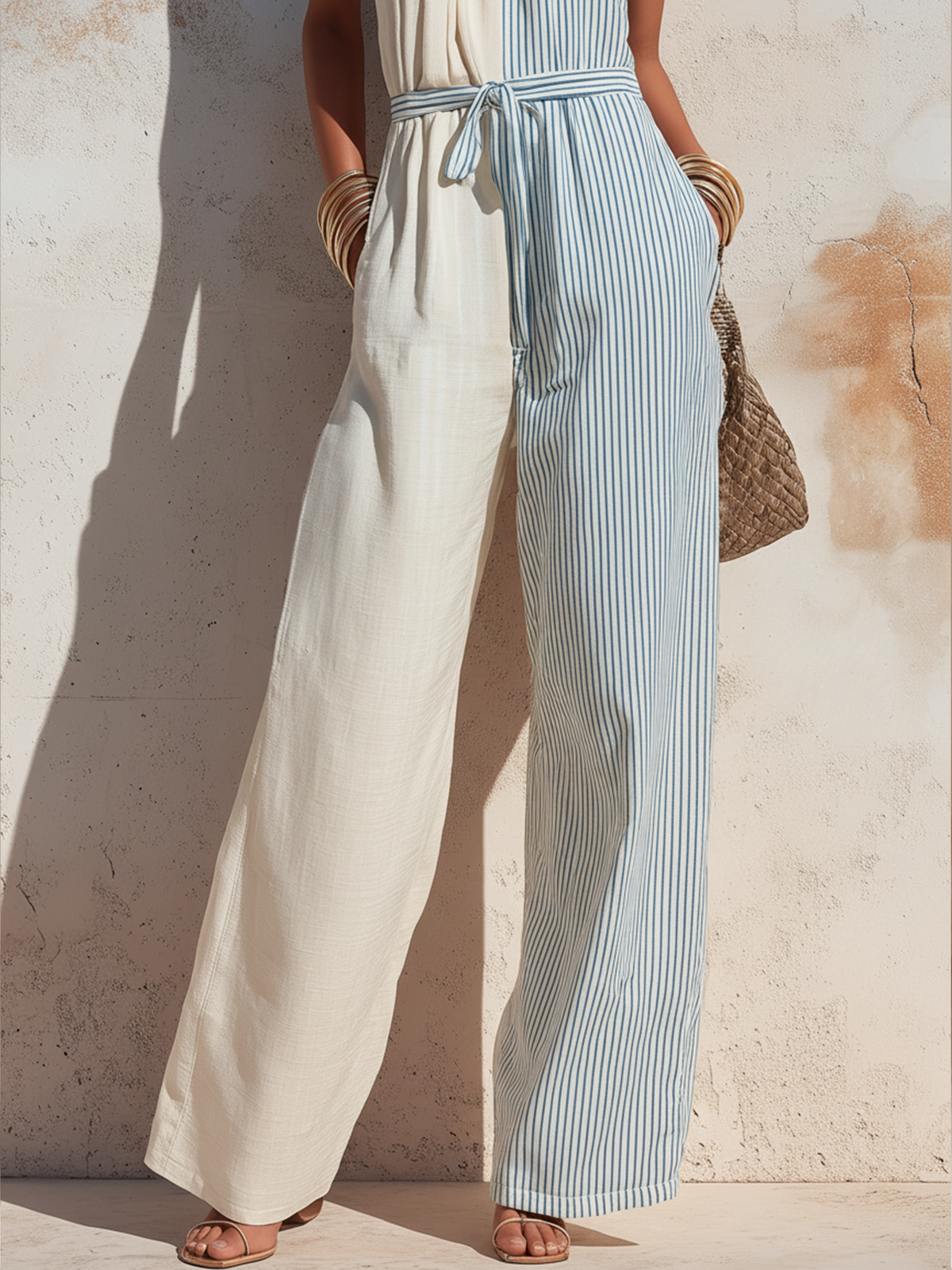 Two-Tone Striped Halter Neck Linen Jumpsuit with Belted Waist