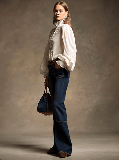 Retro Brown Double-Stitched Navy Jeans