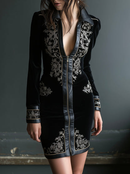 Retro Black Velvet Embroidered Mini Dress with Leather Trim