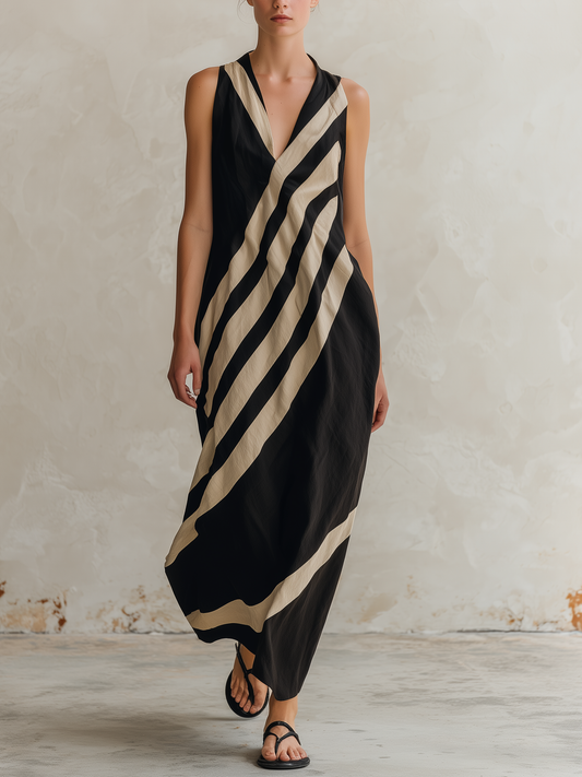 Black and Beige Diagonal Striped Sleeveless Maxi Dress