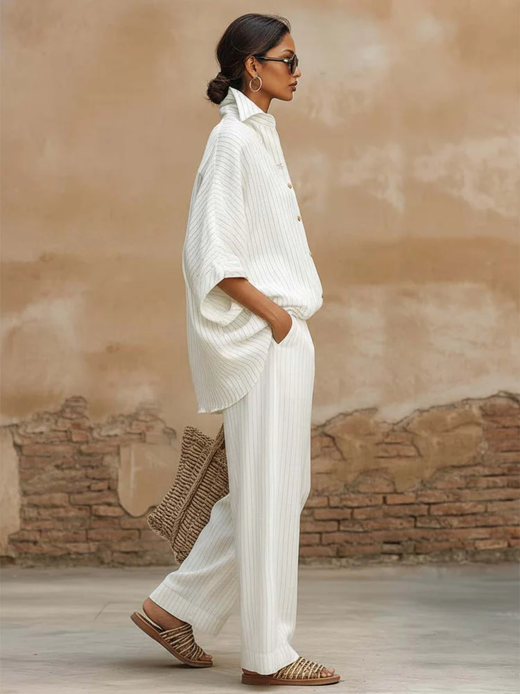 Elegant Classic Striped Shirt and Wide-Leg Pants Two-Piece Set