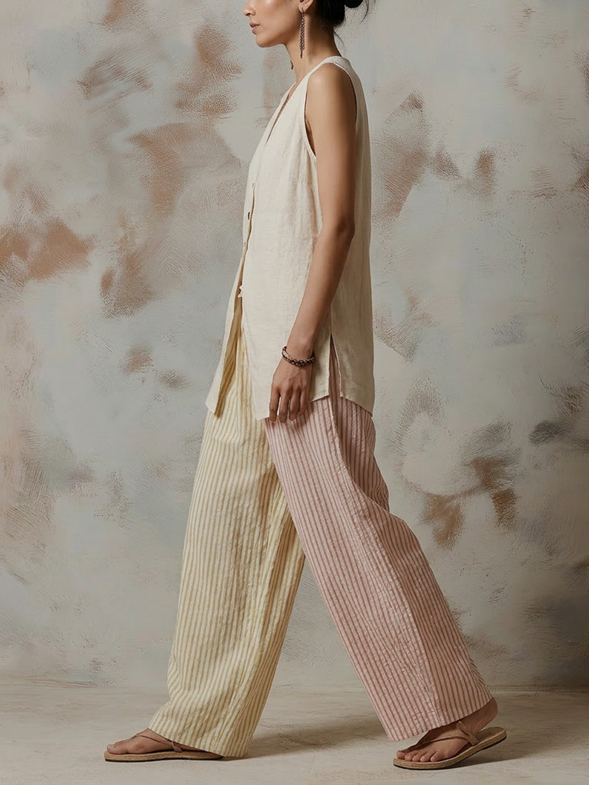 Linen Blend Sleeveless Vest and Two-Tone Striped Wide-Leg Pants Set