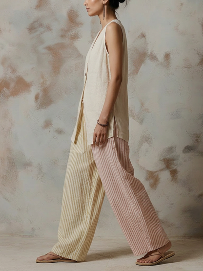 Linen Blend Sleeveless Vest and Two-Tone Striped Wide-Leg Pants Set