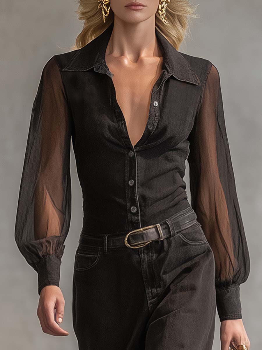 Vintage Western Front Button V-Neck Transparent Long-Sleeve Black Denim Maxi Dress